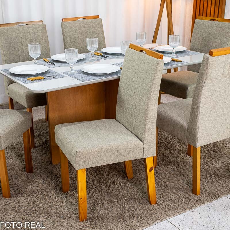 Mesa de Jantar Moscou 160x80 Vidro Off/Base Cinamomo + 6 Cad. Atlanta Linho Bege Cru Madeira Minas Plac - Entregue Montada - Imagem 6