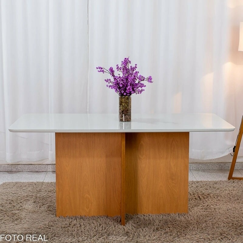 Mesa de Jantar Moscou 160x80 Vidro Off/Base Cinamomo + 6 Cad. Atlanta Linho Bege Cru Madeira Minas Plac - Entregue Montada - Imagem 10