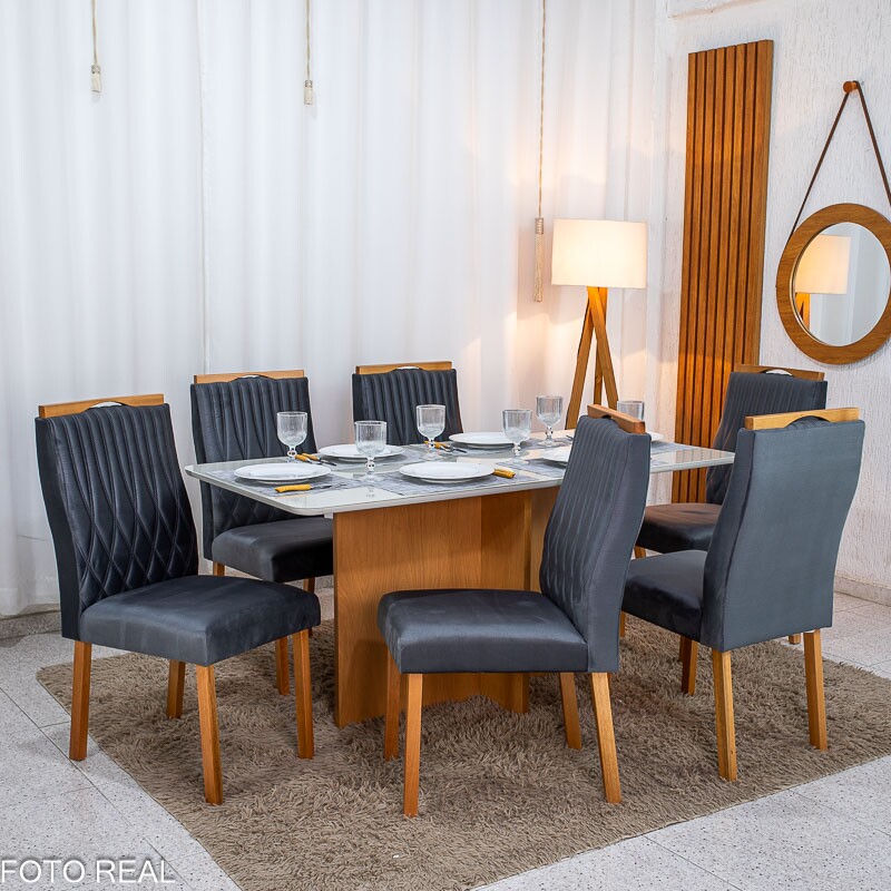 Mesa de Jantar Moscou 160x80 Vidro Off/Base Cinamomo - Minas Plac + 6 Cad. Gênova Veludo Cinza 507 Madeira Art Assentos - Entregue Montada - Imagem 4