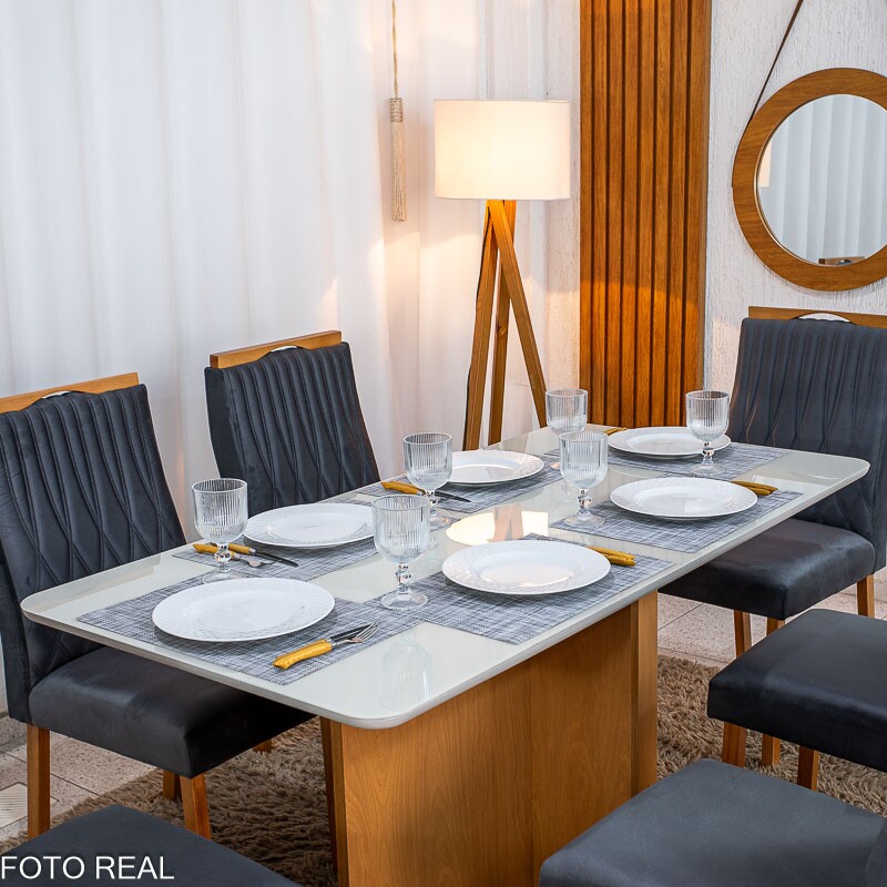 Mesa de Jantar Moscou 160x80 Vidro Off/Base Cinamomo - Minas Plac + 6 Cad. Gênova Veludo Cinza 507 Madeira Art Assentos - Entregue Montada - Imagem 3
