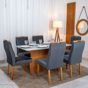 Mesa de Jantar Moscou 160x80 Vidro Off/Base Cinamomo - Minas Plac + 6 Cad. Gênova Veludo Cinza 507 Madeira Art Assentos - Entregue Montada