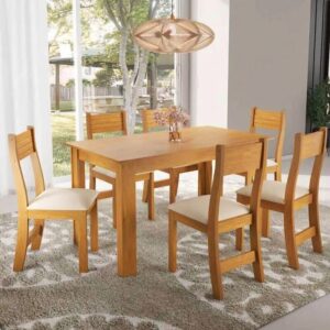 Mesa de Jantar Fucsia Mel 136×75 com 6 Cadeiras Brisa Assento Veludo Marfim - Viero