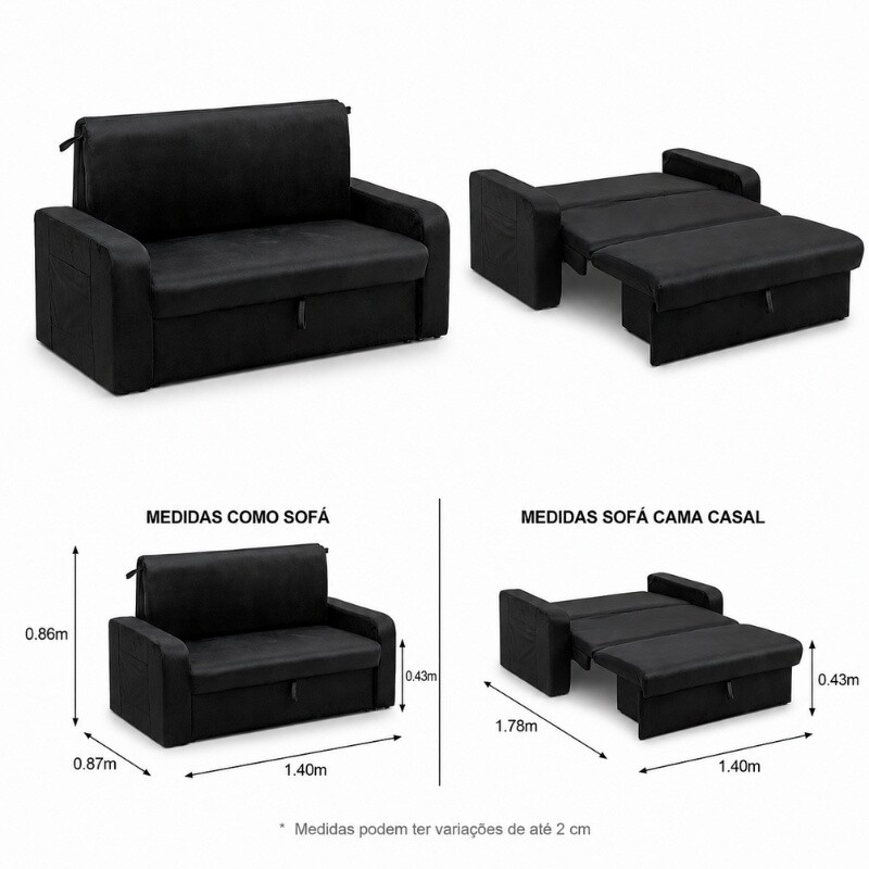 Sofá Cama Daiane Larg. 1.40m C/Baú Veludinho Preto 379/451 - Imagem 3