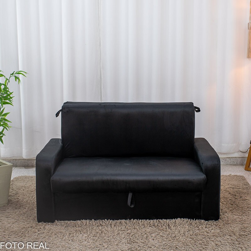 Sofá Cama Daiane Larg. 1.40m C/Baú Veludinho Preto 379/451 - Imagem 5