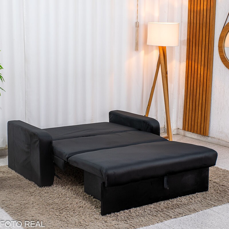 Sofá Cama Daiane Larg. 1.40m C/Baú Veludinho Preto 379/451 - Imagem 6