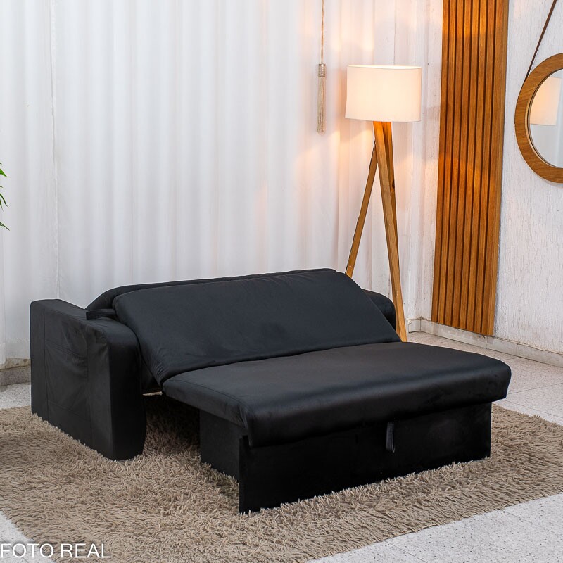 Sofá Cama Daiane Larg. 1.40m C/Baú Veludinho Preto 379/451 - Imagem 9