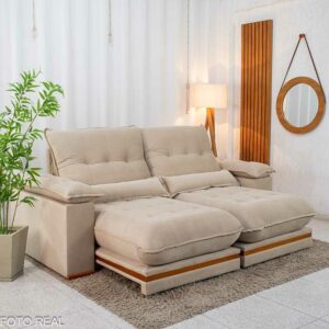 Sofá Retrátil Reclinável Ibis 2.50m Veludo Bege 827 - D33 e Molas Ensacadas