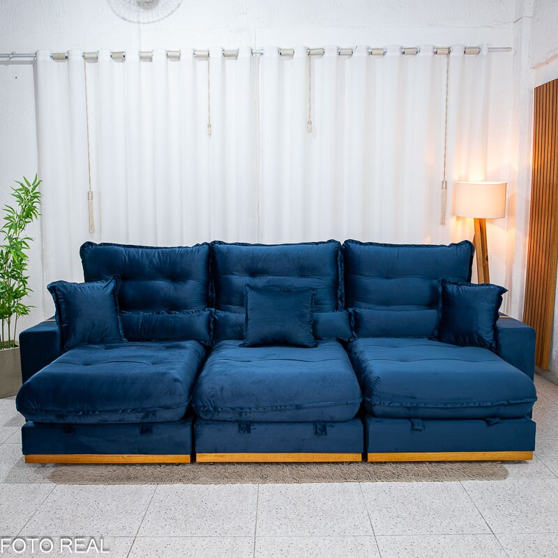 Sofá Retrátil Reclinável Mônaco 3.20m Veludo Azul A16 - Molas Ensacadas - Imagem 6