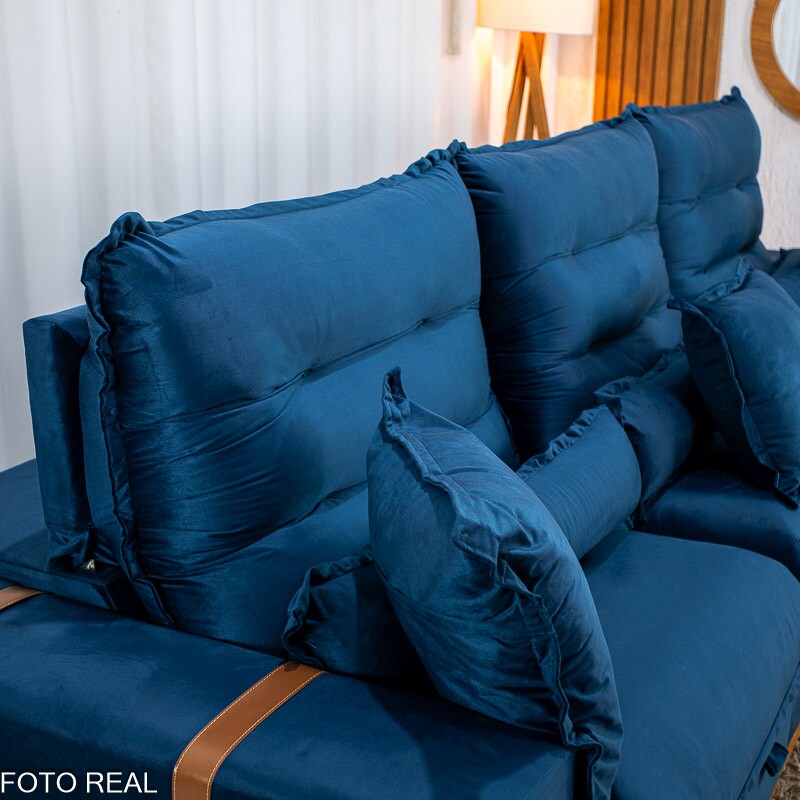Sofá Retrátil Reclinável Mônaco 3.20m Veludo Azul A16 - Molas Ensacadas - Imagem 8