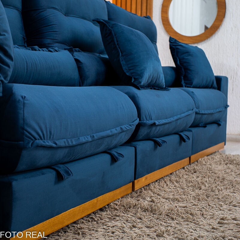 Sofá Retrátil Reclinável Mônaco 3.20m Veludo Azul A16 - Molas Ensacadas - Imagem 9