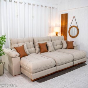 Sofá Retrátil Reclinável Verona 3.20m Linho Bege - Molas Ensacadas