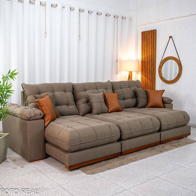 Sofá Retrátil Reclinável Verona 3.20m Linho Marrom - Molas Ensacadas